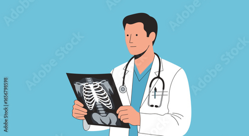 Professional Male Doctor Analyzing X-ray Image of Human Skeleton on a Bright Blue Background for Medical Illustrations, Educational Purposes, and Healthcare Marketing Campaigns