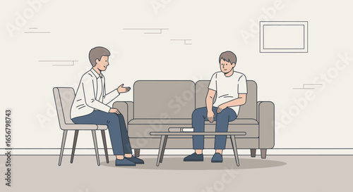 Two Men Engaged in an Emotional Conversation in a Modern Minimalist Living Room Setting - A Scene of Connection, Support, and Understanding for Therapy and Counseling Visuals