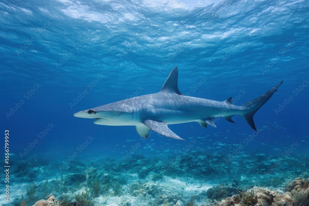 Fototapeta premium A sleek shark gliding through the vibrant underwater environment, showcasing marine life in a serene ocean setting.