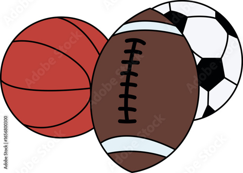 Basketball, American football and soccer ball trio — vector on white