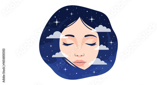 A tranquil illustration of a woman's face with closed eyes, set against a dark night sky filled with twinkling stars and soft clouds, evoking peaceful sleep.