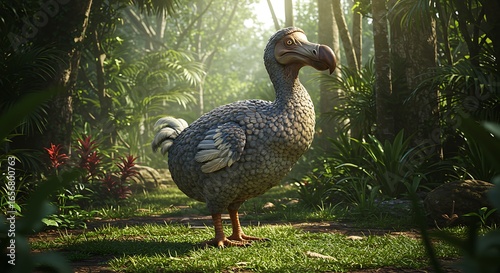 A dodo bird stands on a grassy path in a lush, green tropical forest, sunlight filtering through the trees.