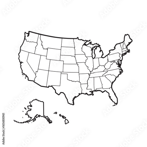 Outlined map of the united states of america displaying all fifty states in black and white