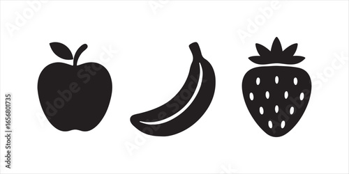Healthy Organic Fruit Icons Apple Banana Strawberry Collection Simple Shapes