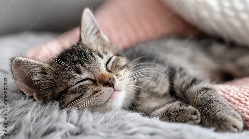 funny cute tabby kitten sleep tight on fluffy blanket, cozy funny cute tabby kitten sleep tight on fluffy blanket, cozy