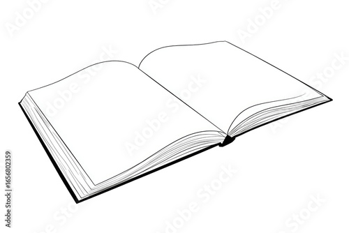 Open book, black and white, simple graphic.  A black and white illustration of an open book, angled slightly.  Pages are blank.  The book's spine and edges are visible