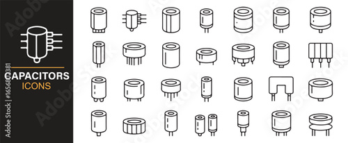 Set of electrical technology icons featuring capacitors and components