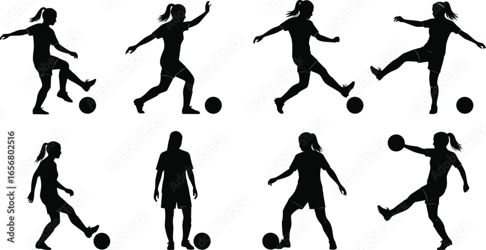 custom made wallpaper toronto digitalSilhouettes of female soccer players performing ball control, kicking, dribbling, passing, and standing poses, perfect for vector sports designs