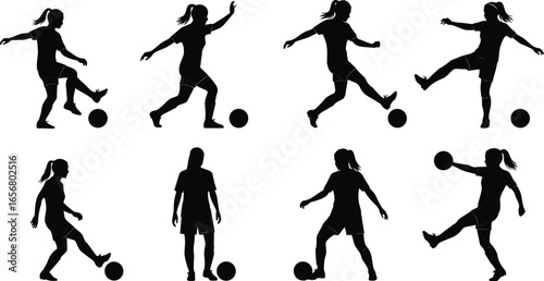Wallpaper Mural Silhouettes of female soccer players performing ball control, kicking, dribbling, passing, and standing poses, perfect for vector sports designs Torontodigital.ca