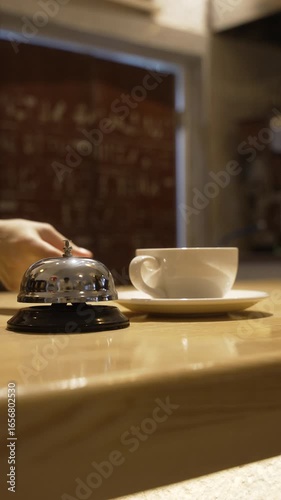 A classic service bell is elegantly placed on a wooden countertop, symbolizing customer service and the welcoming atmosphere of a bustling café or restaurant, fa01