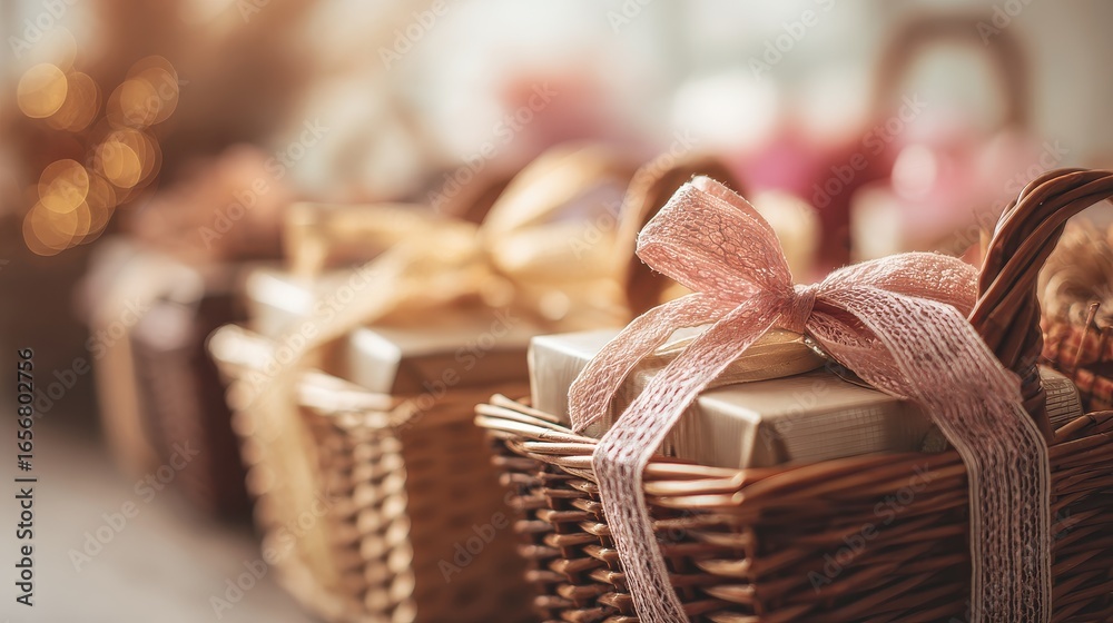 Obraz premium Gift Baskets, Gift set, Soft focus and background blurred.