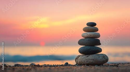 Zen Stone Stack on Beach at Sunset Peaceful Meditation and Balance Concept with Serene Ocean and Colorful Sky Reflection