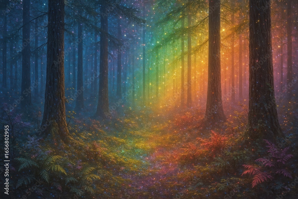 Obraz premium Magical forest with rainbow lights.