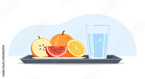 A refreshing still life featuring a glass of water and an assortment of sliced fruits like apples, oranges, and watermelon, arranged on a simple tray, ideal for health, wellness, or diet-related