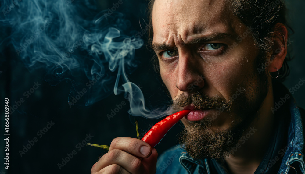 Fototapeta premium An angry man lights a hot pepper and is ready to fight.