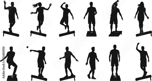 Silhouettes of people playing cornhole, tossing beanbags on angled boards, outdoor lawn game, casual fun sport, vector isolated set