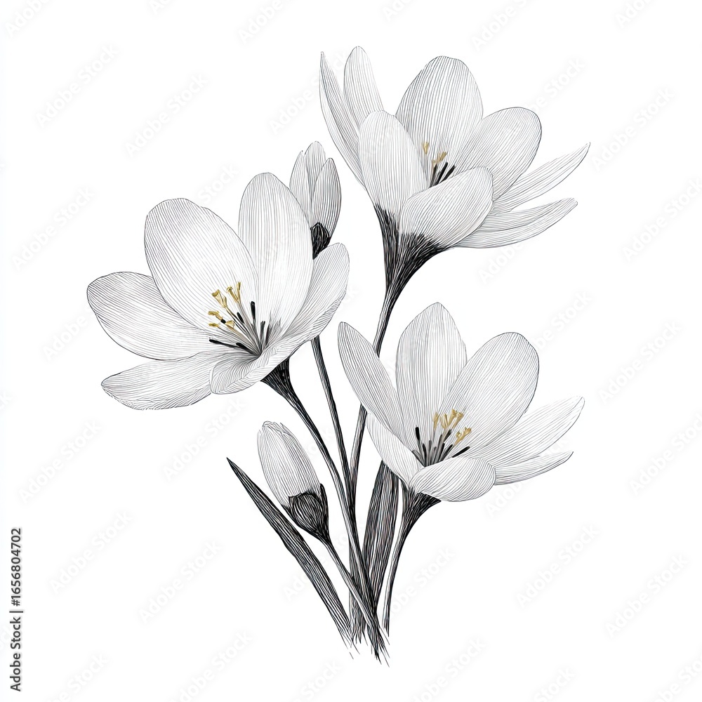 Obraz premium Delicate white crocuses blooming gracefully on white background