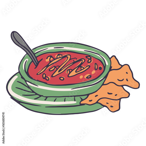 A bowl of tomato soup with crunchy tortilla chips
