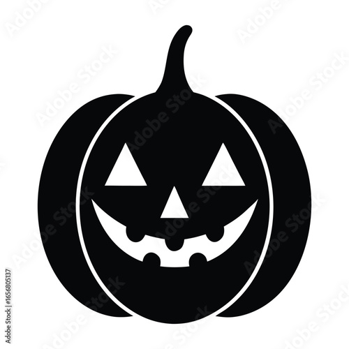 Black silhouette of a carved Halloween pumpkin with a smiling face jack o lantern