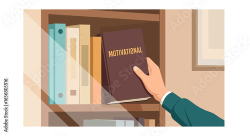 A hand reaches for a motivational book on a wooden bookshelf, bathed in sunlight streaming through a nearby window, suggesting self-improvement and personal growth.
