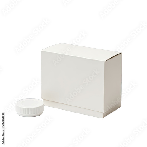Blank white cardboard box and lid on black background.