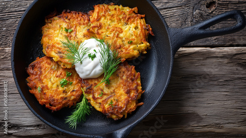 Food photography, Photograph of minimalist-style potato fritters, latkes, in a cast-iron pan with sour cream on a wooden background. This traditional Jewish dish. Typical jew dish during Hanukkah.