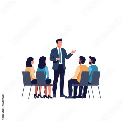 A business presentation with a man standing and presenting to a group of seated people in a meeting