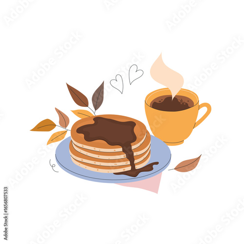 Hand drawn autumn coffee and pancakes illustration. Composition with americano coffee cup and chocolate drizzled pancakes accented with autumn leaves. Vector design for cafe menu and food bloggers.