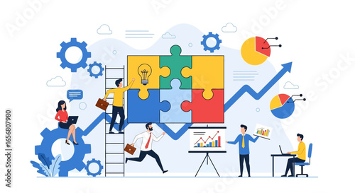 Flat illustration of teamwork solving business puzzle with charts, gears, and growth arrows, symbolizing strategy, collaboration, innovation, problem solving, and corporate success