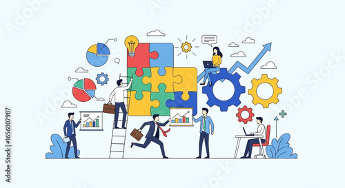 Flat illustration of teamwork solving business puzzle with charts, gears, and growth arrows, symbolizing strategy, collaboration, innovation, problem solving, and corporate success