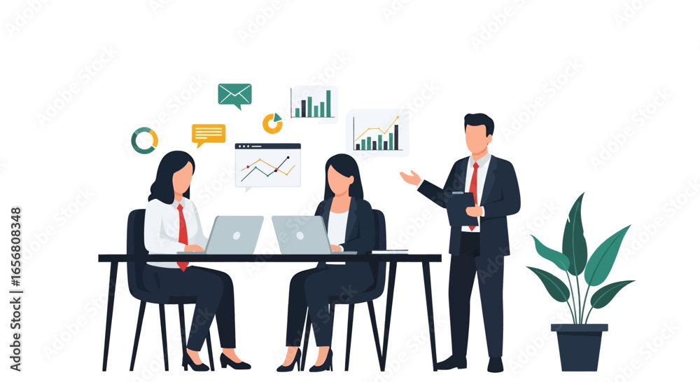 Flat illustration of business meeting teamwork with professionals analyzing charts, communication, and strategy, symbolizing leadership, management, corporate planning, and success Flat illustration of business meeting teamwork with professionals analyzing charts, communication, and strategy, symbolizing leadership, management, corporate planning, and success