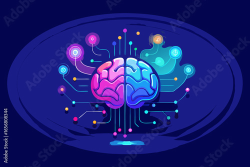 Vibrant digital brain with glowing neural network and interconnected nodes symbolizing AI, data, and innovation in a futuristic concept.