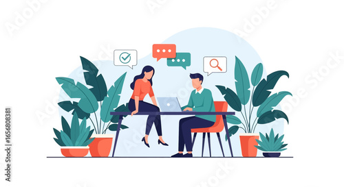Flat illustration of business meeting teamwork with two professionals discussing ideas at laptop, symbolizing communication, collaboration, project strategy, productivity, and success