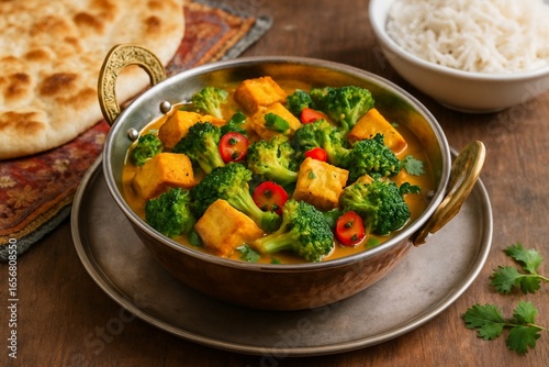 Aromatisches indisches Brokkoli Tofu Curry mit Koriander zu Basmati Reis und Naan