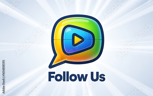 Colorful speech bubble with play button and follow us text