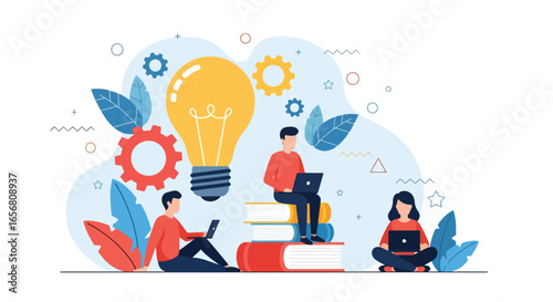 Flat illustration of teamwork and innovation with people working on laptops, books, and big light bulb symbolizing ideas, creativity, knowledge sharing, and modern business collaboration
