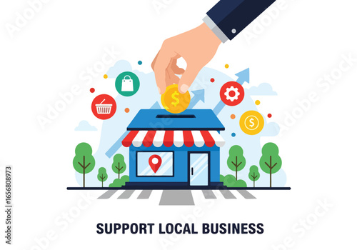 Flat illustration of supporting local business with investment and community growth. Hand placing coin in small shop, promoting shopping local, economy growth, and small business support