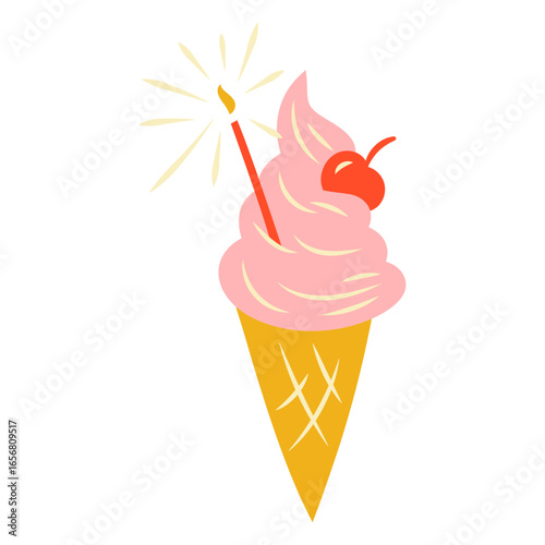 Ice cream cone with a cherry and candle on top
