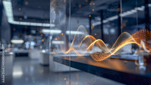 Tech showcase with waveform charts in a lab — signal demonstration, analytics and scientific visualization.