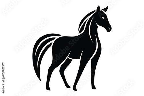 Black silhouette of a horse with flowing mane and tail on white background animal