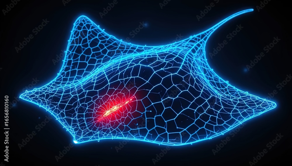 Naklejka premium A vibrant, glowing, network-structured form with a dramatic red accent takes center stage against a deep black backdrop.