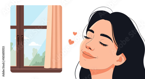 A young woman enjoys a peaceful moment, eyes closed, with hearts floating around her head, by an open window.