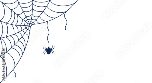 Corner banner with web and spider in doodle style. Halloween scary theme for frame, party decoration etc. Outline drawing. Hand drawn vector illustration isolated on white background.