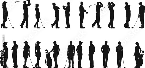 Vector silhouettes of male and female golfers, standing, swinging, walking, playing golf, holding clubs, with golf bags, sports lifestyle