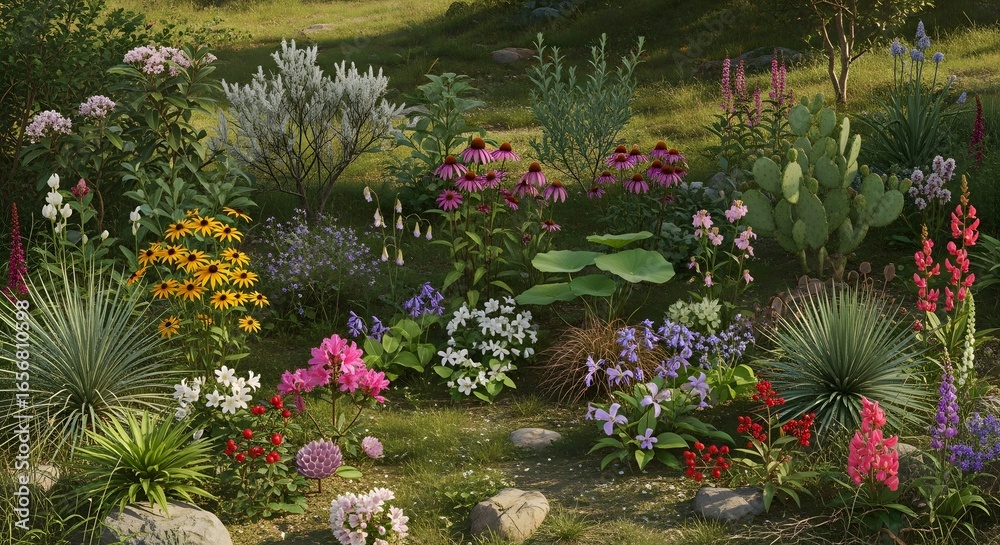 Fototapeta premium Vibrant Botanical Garden Lush with Diverse Wildflowers