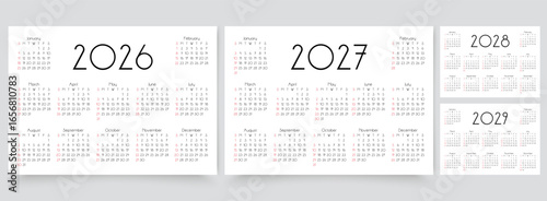 Calendars for 2026, 2027, 2028, 2029 years. Calender templates. Planner layout with 12 months. Desk planer grid. Week starts Sunday. Yearly diary in English. Vector illustration. Horizontal format, A4