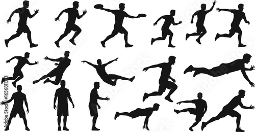 Vector silhouettes of male athletes playing ultimate frisbee, running, diving, catching, throwing, jumping, dynamic sports action, teamwork, outdoor fitness, active lifestyle