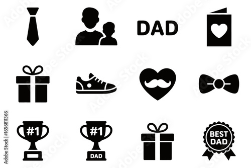 Father's day icons set featuring dad themes and gift symbols for celebrating fatherhood goodness