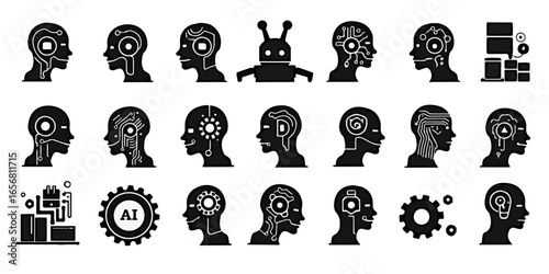 Silhouette Set of AI technology and robotics icons with robots, gears, neural networks, circuit boards, and smart assistants