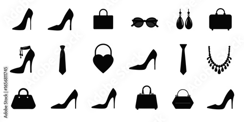 Silhouette Set of Fashion accessories icons featuring high heels, sunglasses, handbags, ties, and jewelry